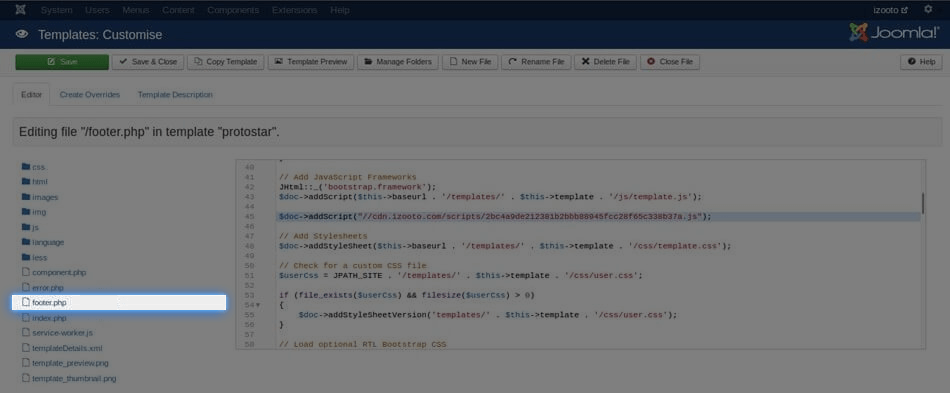 Adding iZooto integration script in Joomla