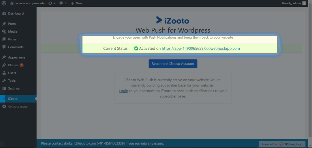 iZooto web push activation successful