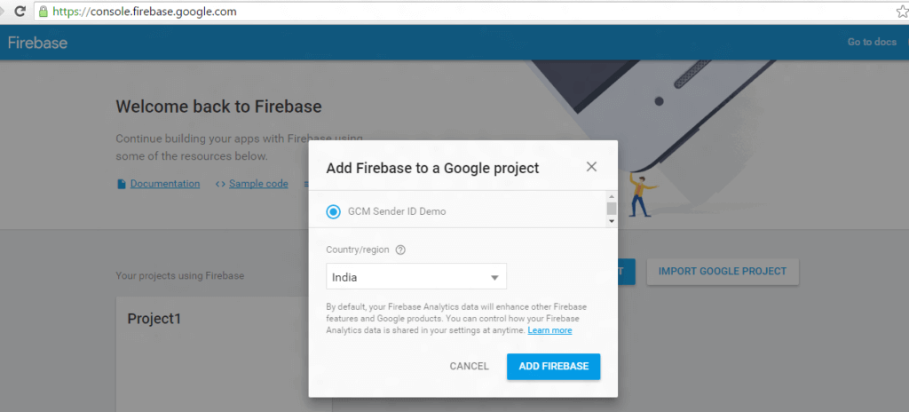 how to select the focus country/region using Create a new project with this Firebase Cloud Messaging Guide