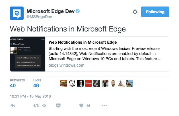 Microsoft supporting Edge Push Notifications